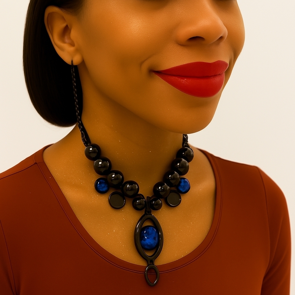 Chico's Gunmetal Chain, Beads Blue Stone Hoop Statement Necklace Women's Jewelry